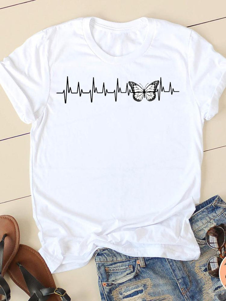 Horse Head Riding Simple Pattern Round Neck Printed White T-shirt