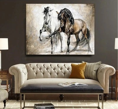 Retro Animal Horse Two Horses Canvas Painting
