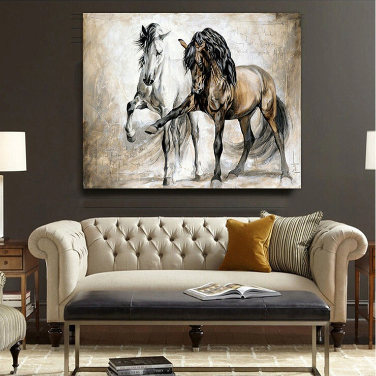 Retro Animal Horse Two Horses Canvas Painting